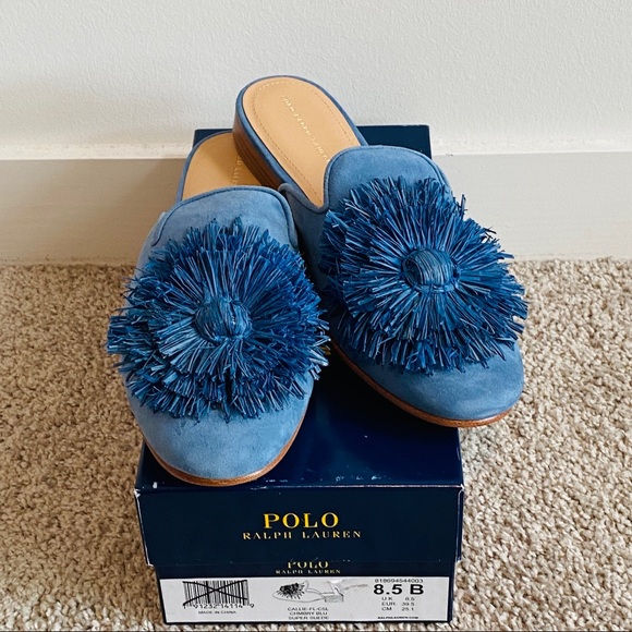 Beautiful Blue Suede Comfortable Round Toe Mules w Blue Raffia Accent Size 8.5 - Picture 3 of 10